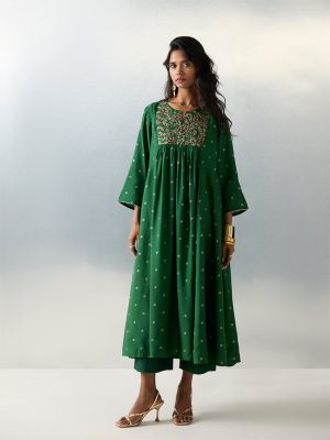 Utsa Green Embroidered A-Line Kurta