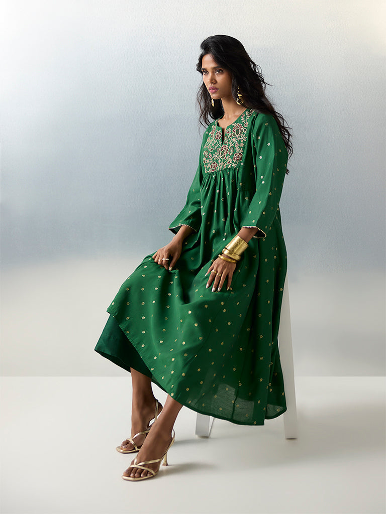 Utsa Green Embroidered A-Line Kurta - Image 2