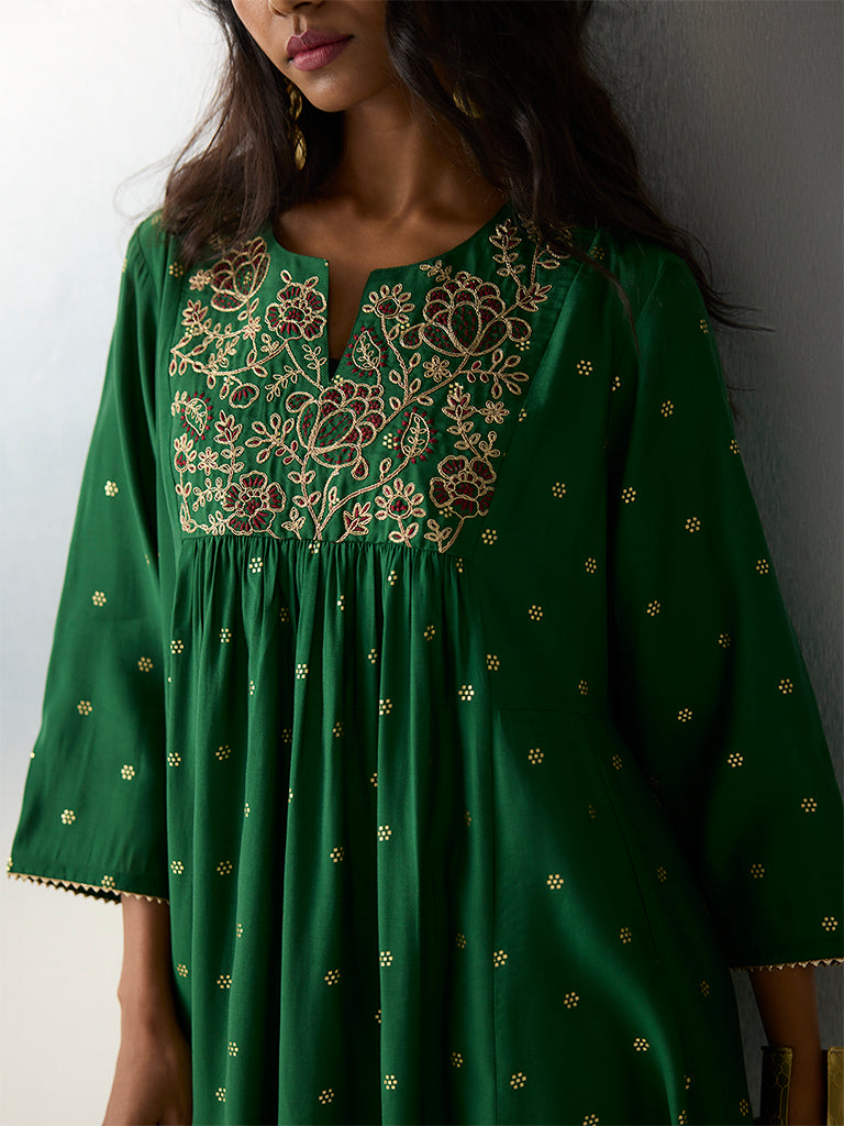 Utsa Green Embroidered A-Line Kurta - Image 3