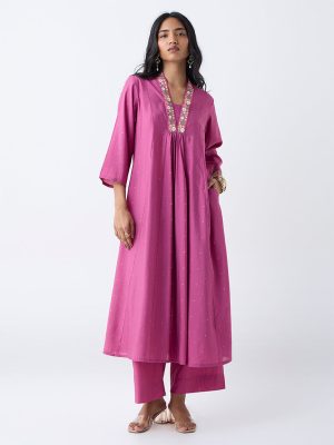 Utsa Pink Floral Embroidered A-Line Kurta