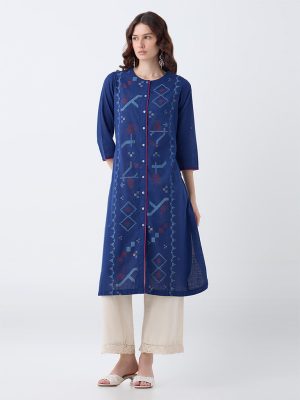 Utsa Indigo Aztec Pattern Cotton A-Line Kurta