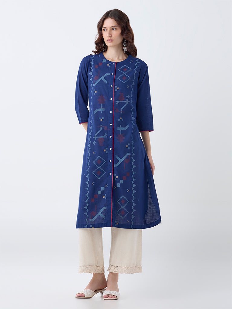 Utsa Indigo Aztec Pattern Cotton A-Line Kurta