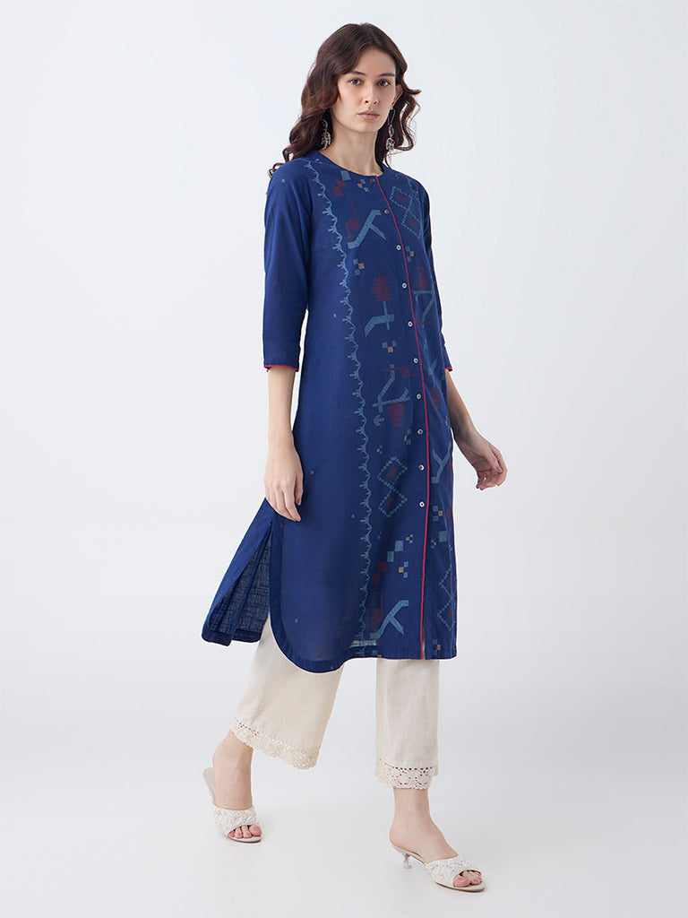 Utsa Indigo Aztec Pattern Cotton A-Line Kurta - Image 2