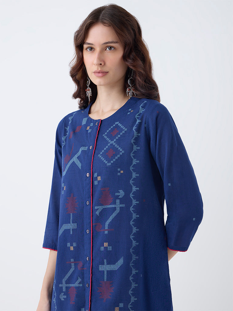 Utsa Indigo Aztec Pattern Cotton A-Line Kurta - Image 3