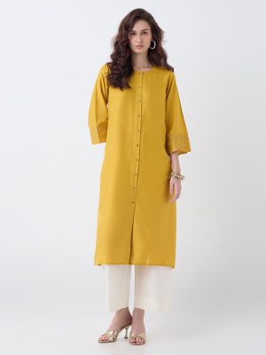 Utsa Mustard Floral Embroidered A-Line Kurta