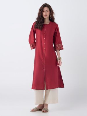 Utsa Red Floral Embroidered A-Line Kurta