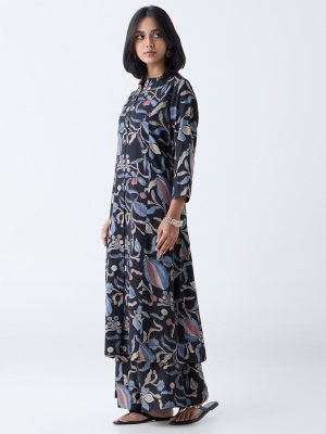 Utsa Black Foliage Printed A-Line Kurta