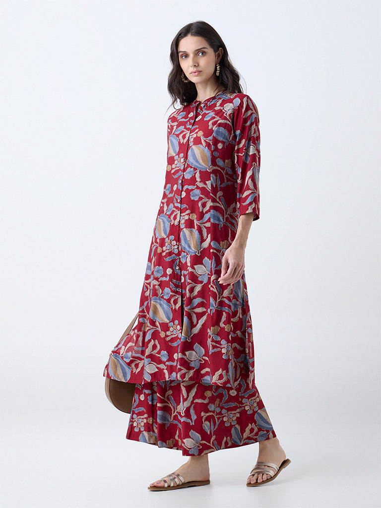 Utsa Maroon Foliage Pattern A-Line Kurta