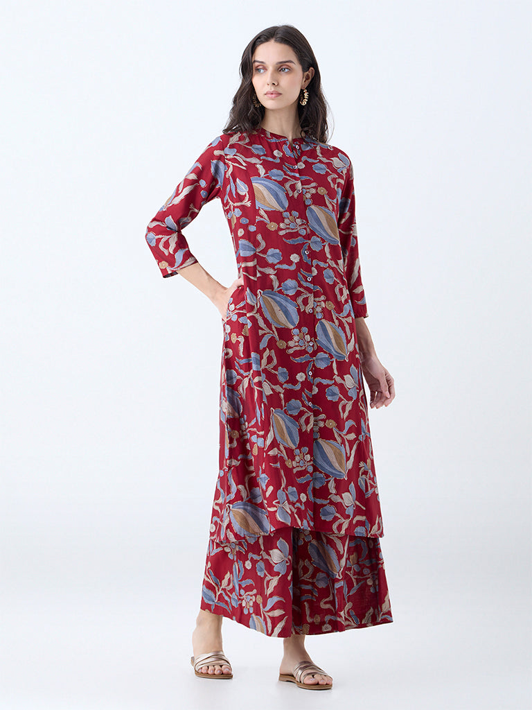 Utsa Maroon Foliage Pattern A-Line Kurta - Image 2