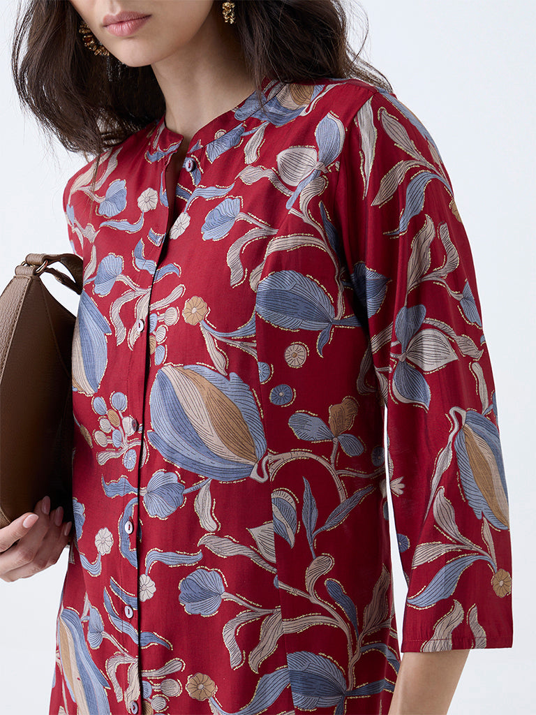 Utsa Maroon Foliage Pattern A-Line Kurta - Image 3