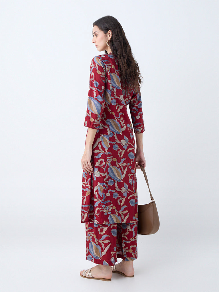Utsa Maroon Foliage Pattern A-Line Kurta - Image 4