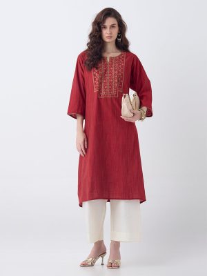 Utsa Red Zari Embroidered A-Line Kurta