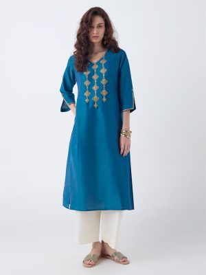 Utsa Teal Zari Embroidered A-Line Kurta