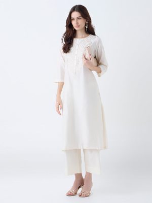 Utsa Off-White Sequin Embellished A-Line Kurta