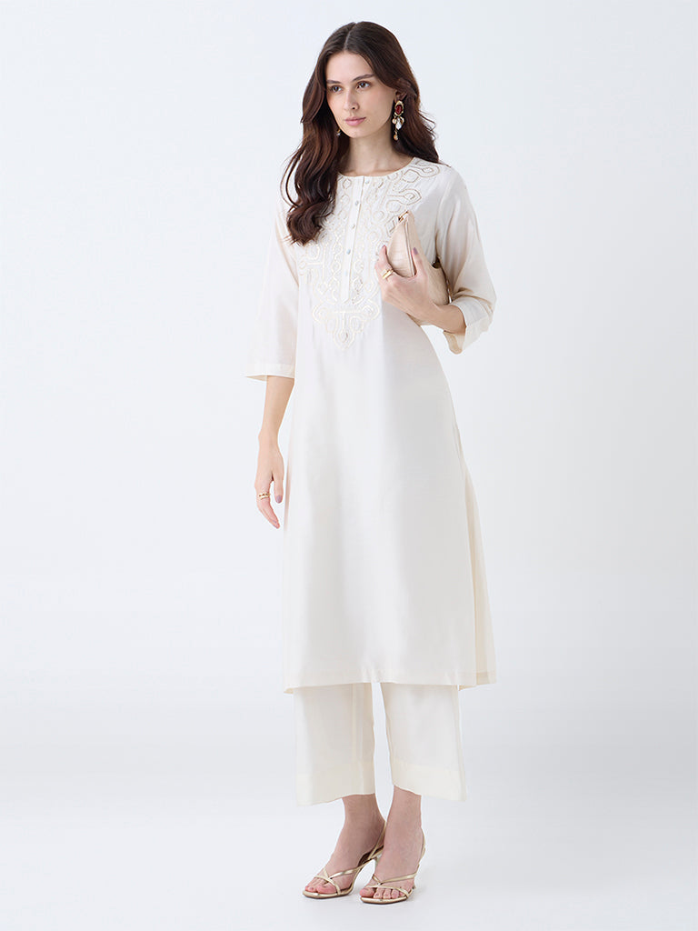 Utsa Off-White Sequin Embellished A-Line Kurta