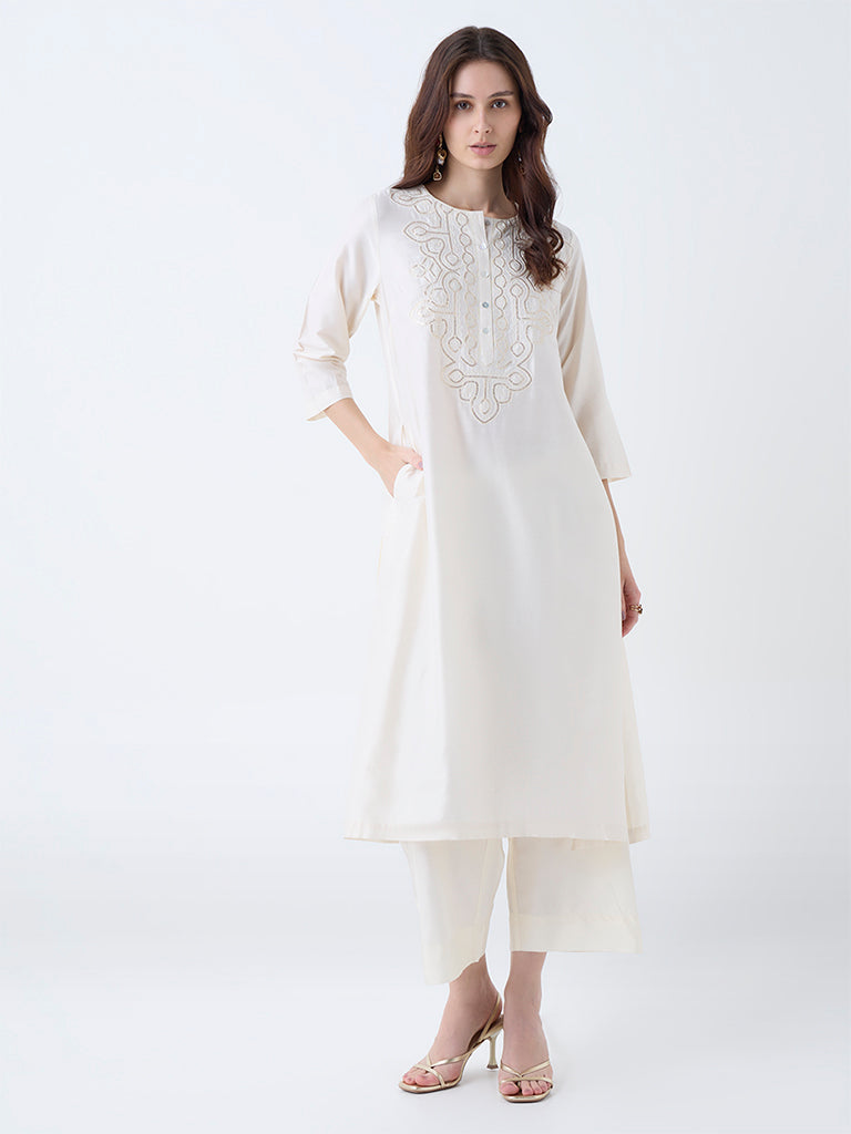 Utsa Off-White Sequin Embellished A-Line Kurta - Image 2