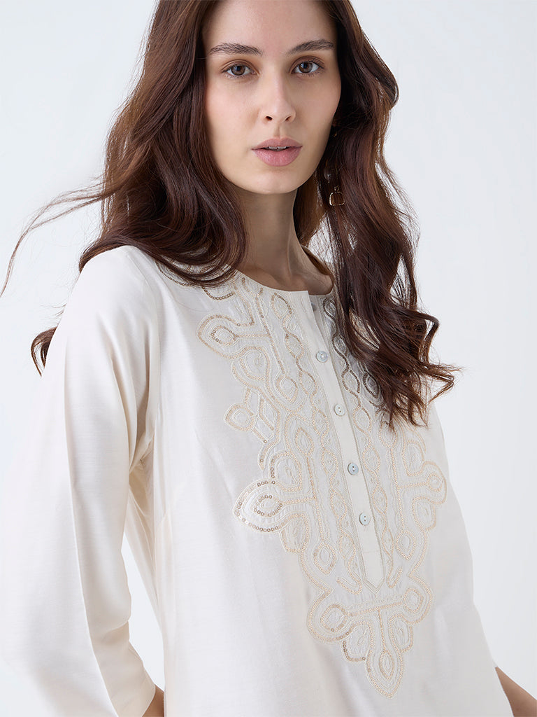 Utsa Off-White Sequin Embellished A-Line Kurta - Image 3