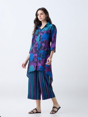 Utsa Blue Floral Patterned Straight Kurta
