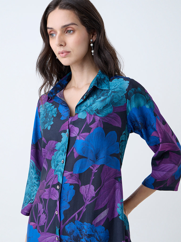 Utsa Blue Floral Patterned Straight Kurta - Image 3