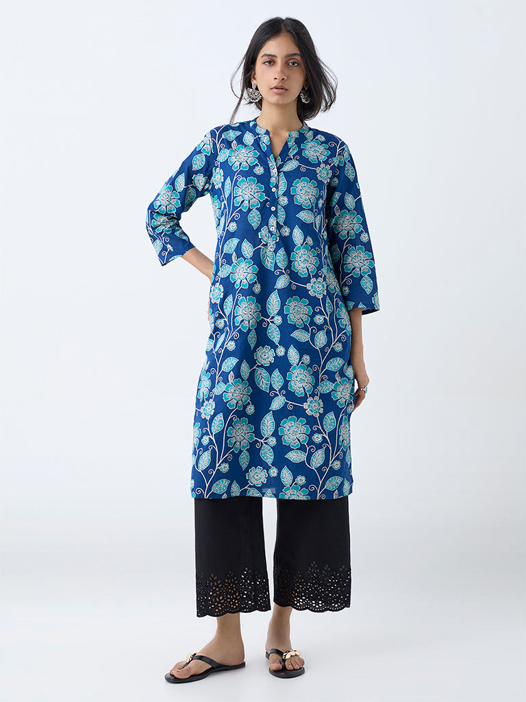 Utsa Blue Foliage Printed Straight Cotton Kurta