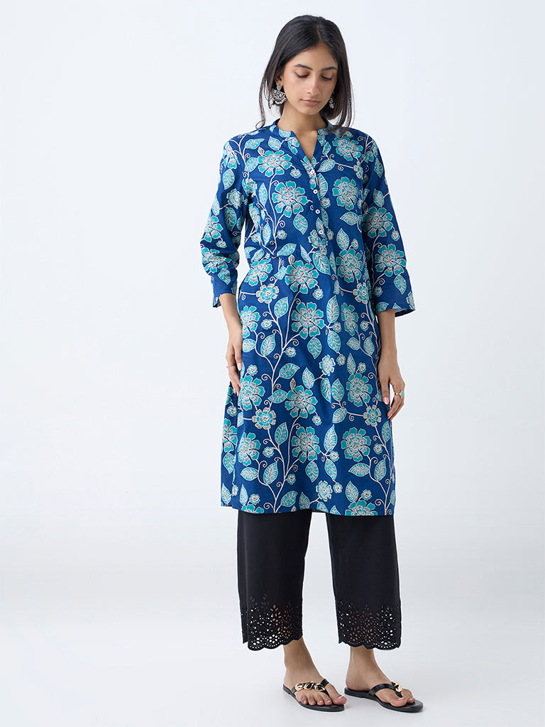 Utsa Blue Foliage Printed Straight Cotton Kurta - Image 2