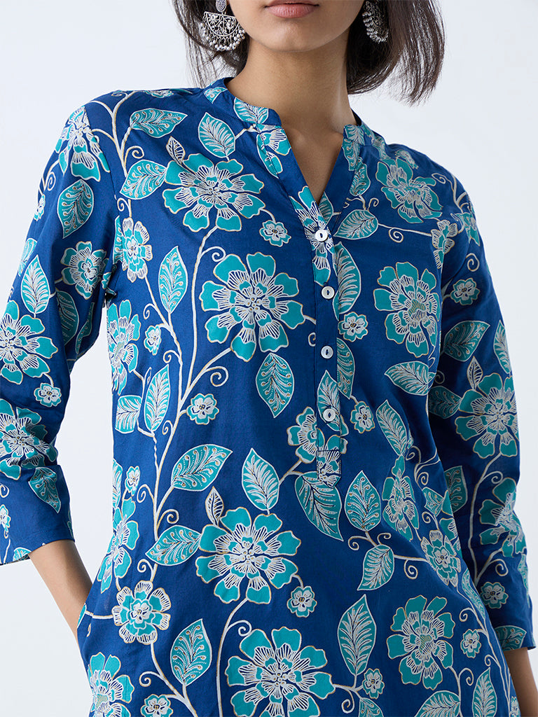 Utsa Blue Foliage Printed Straight Cotton Kurta - Image 3