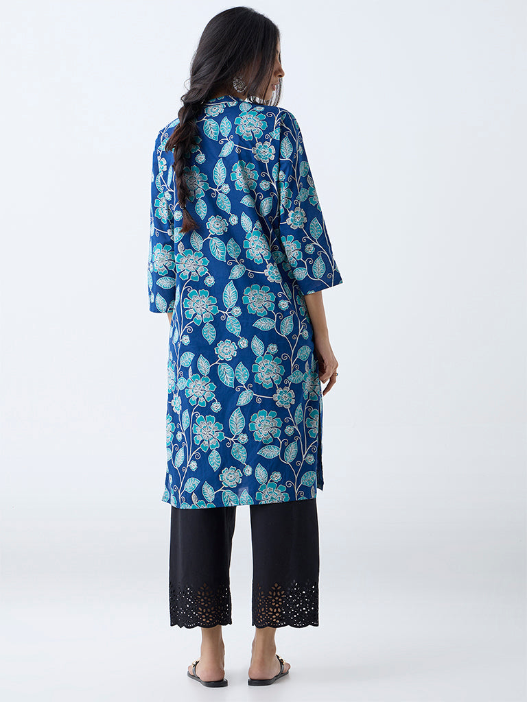 Utsa Blue Foliage Printed Straight Cotton Kurta - Image 4