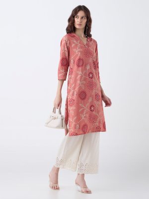 Utsa Coral Foliage Pattern Cotton Straight Kurta