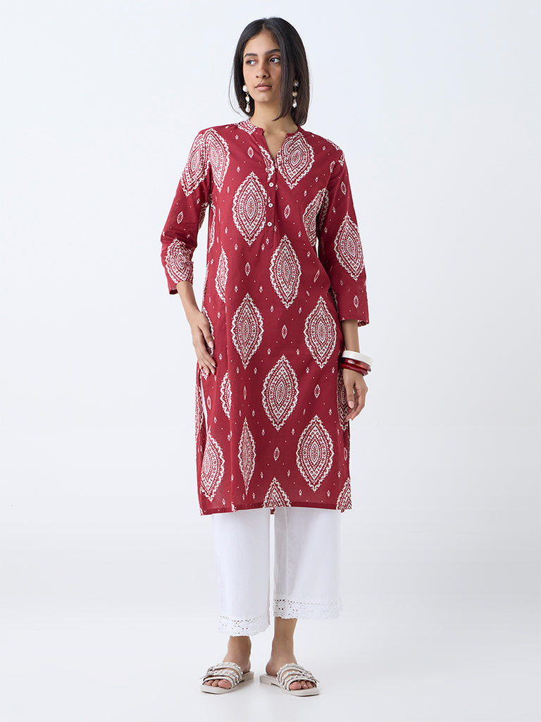 Utsa Maroon Printed Straight Cotton Kurta