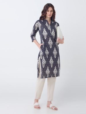 Utsa Black Ikat Printed Cotton Straight Kurta