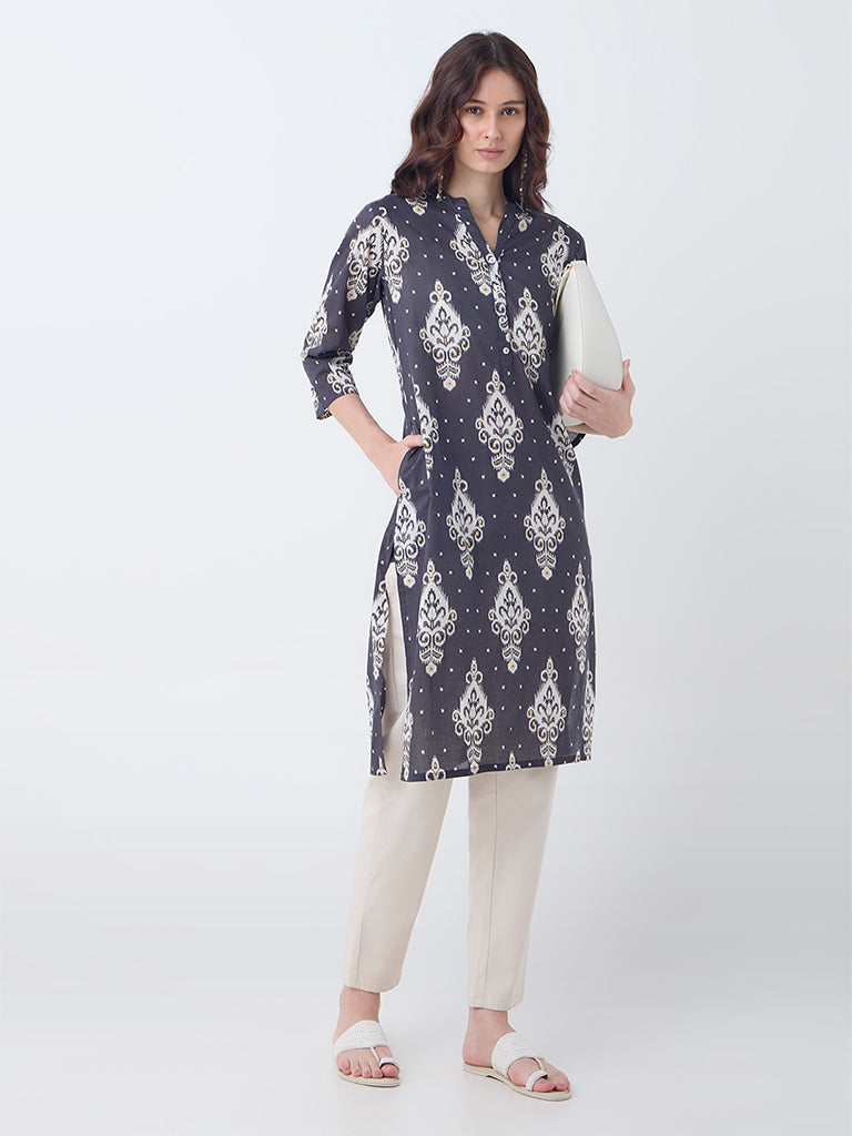 Utsa Black Ikat Printed Cotton Straight Kurta