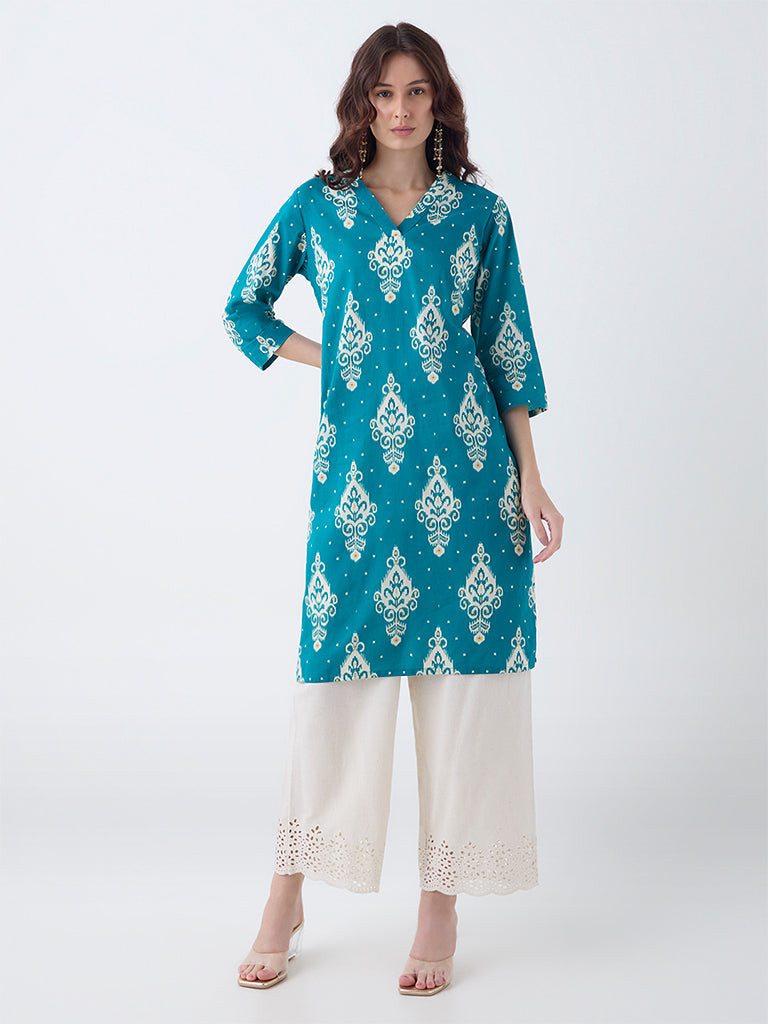 Utsa Teal Ikat Design Cotton Straight Kurta