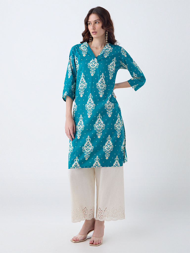 Utsa Teal Ikat Design Cotton Straight Kurta - Image 2
