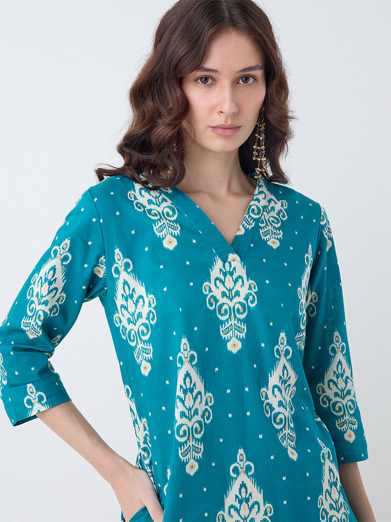 Utsa Teal Ikat Design Cotton Straight Kurta - Image 3