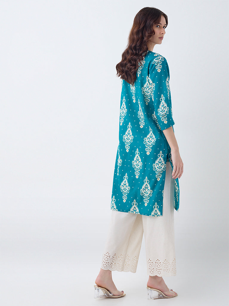 Utsa Teal Ikat Design Cotton Straight Kurta - Image 4