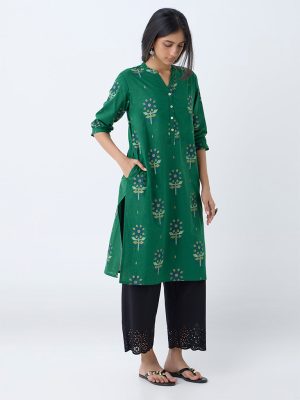 Utsa Green Floral Design Straight Cotton Kurta
