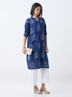 Utsa Indigo Printed Cotton Straight Kurta