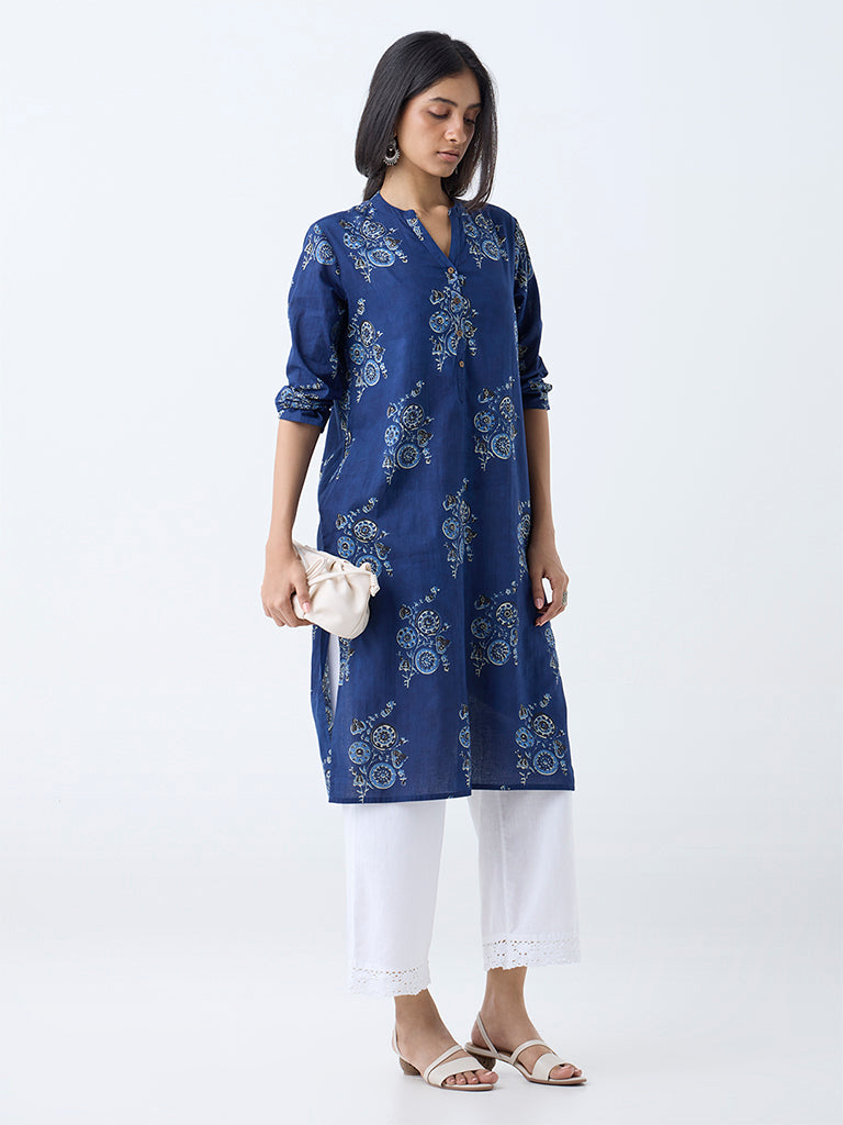 Utsa Indigo Printed Cotton Straight Kurta