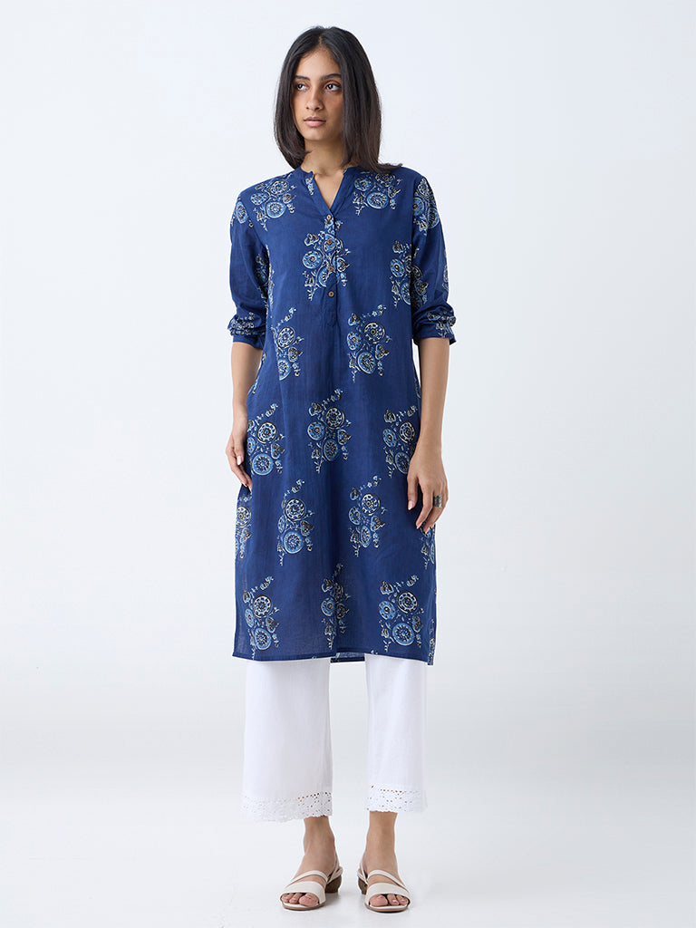Utsa Indigo Printed Cotton Straight Kurta - Image 2