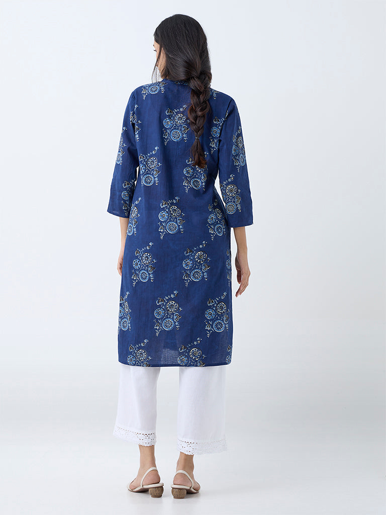 Utsa Indigo Printed Cotton Straight Kurta - Image 4