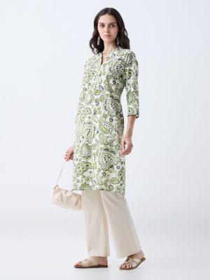 Utsa Green Botanical Printed Cotton Straight Kurta