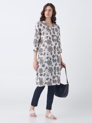 Utsa Off-White Botanical Design Cotton Straight Kurta