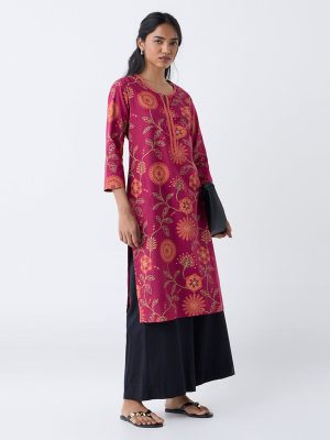 Utsa Fuchsia Foliage Pattern Cotton Straight Kurta