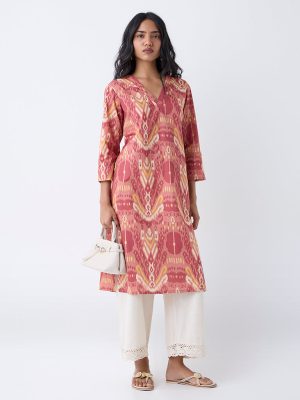 Utsa Rust Ikat Printed Cotton Straight Kurta
