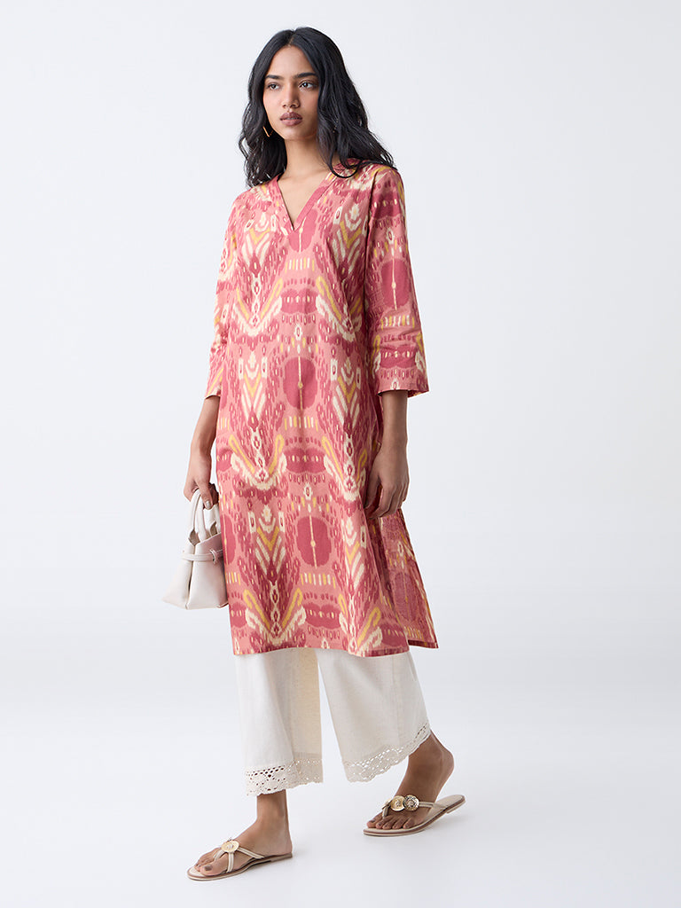 Utsa Rust Ikat Printed Cotton Straight Kurta - Image 2