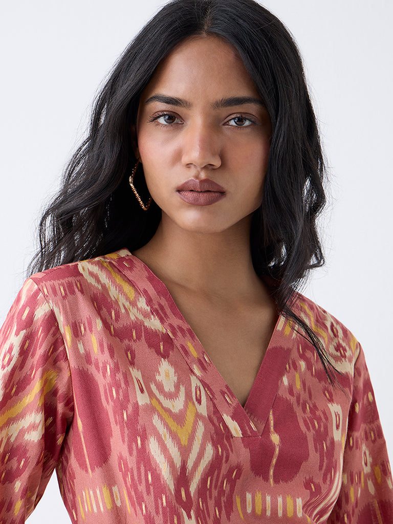 Utsa Rust Ikat Printed Cotton Straight Kurta - Image 3