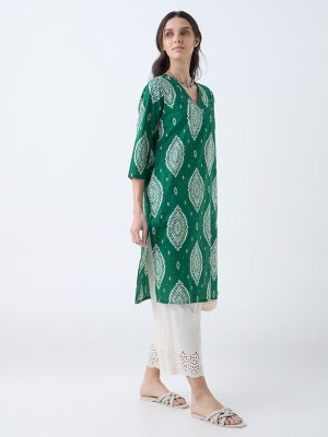 Utsa Green Printed Cotton Straight Kurta