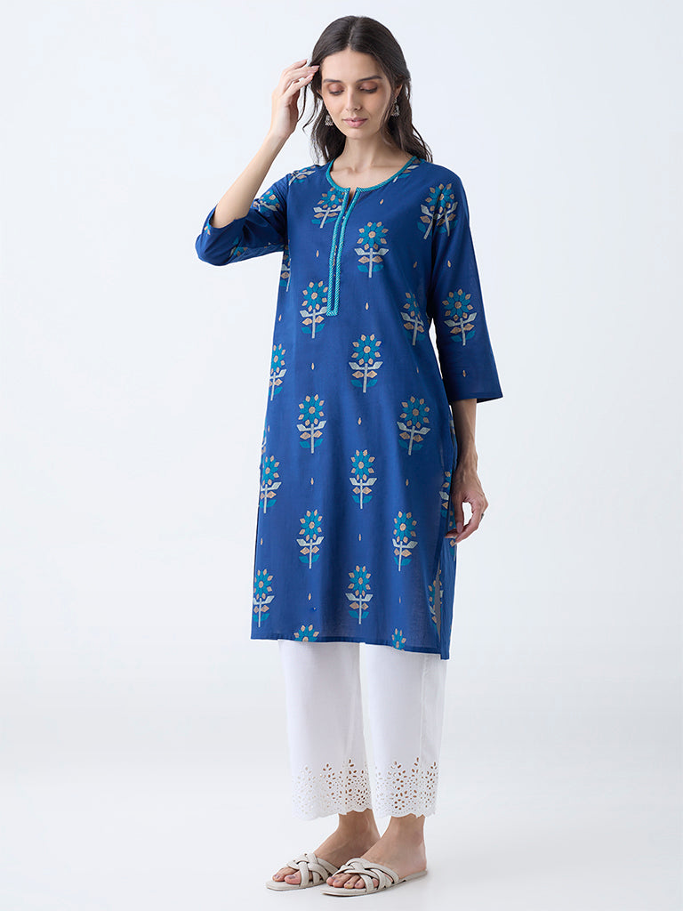 Utsa Dark Blue Jamdani Butta Pattern Cotton Straight Kurta - Image 2
