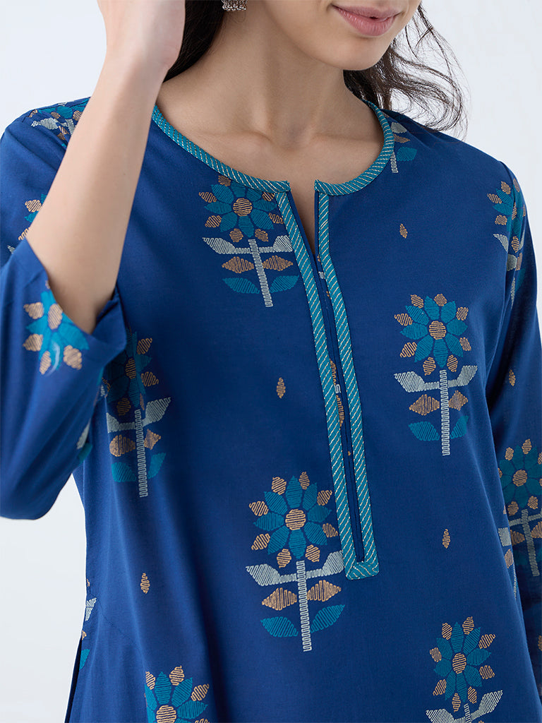 Utsa Dark Blue Jamdani Butta Pattern Cotton Straight Kurta - Image 3