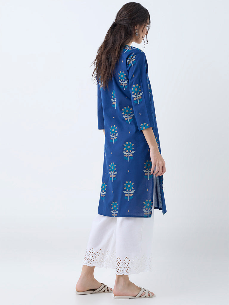 Utsa Dark Blue Jamdani Butta Pattern Cotton Straight Kurta - Image 4